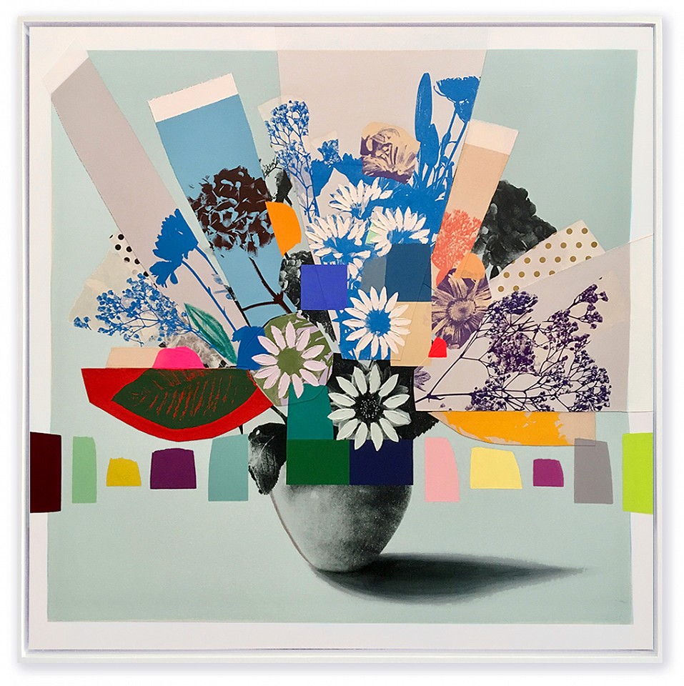 Emily Filler, Vintage Bouquet (maroon hydrangea)
Collage, acrylic & silkscreen on canvas, 48 x 48 in.
