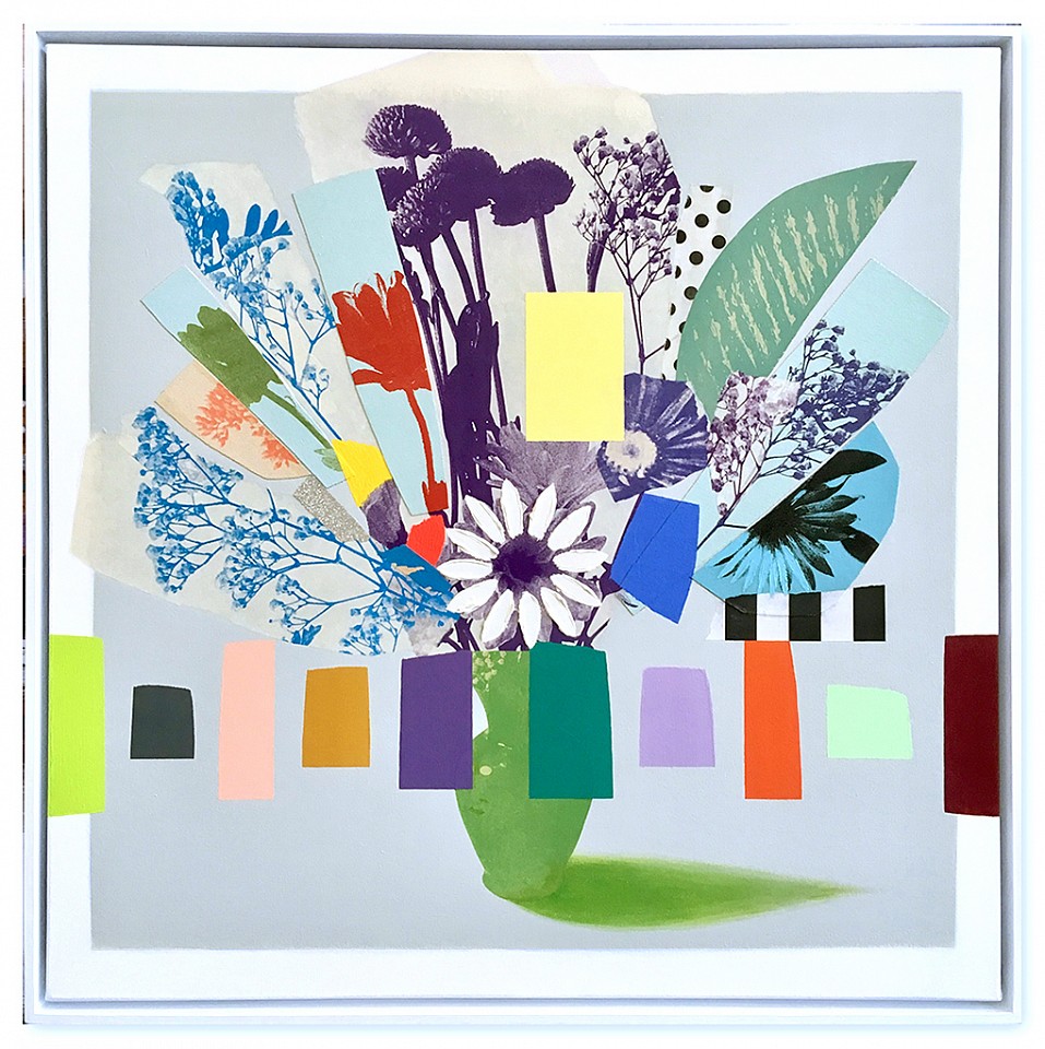 Emily Filler, Vintage Bouquet (purple flowers & green vase) Sold
Collage, acrylic & silkscreen on canvas, 31 x 31 in.