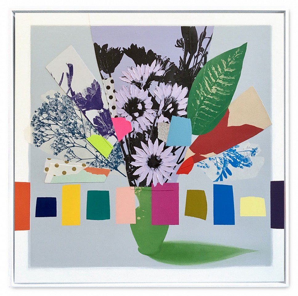 Emily Filler, Vintage Bouquet (purple flowers)
Collage, acrylic & silkscreen on canvas, 31 x 31 in.