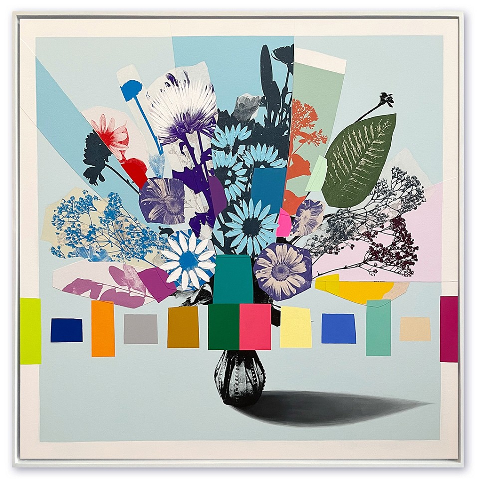 Emily Filler, Vintage Bouquet (coral +blue flowers)
Collage, acrylic & silkscreen on canvas, 48 x 48 in.