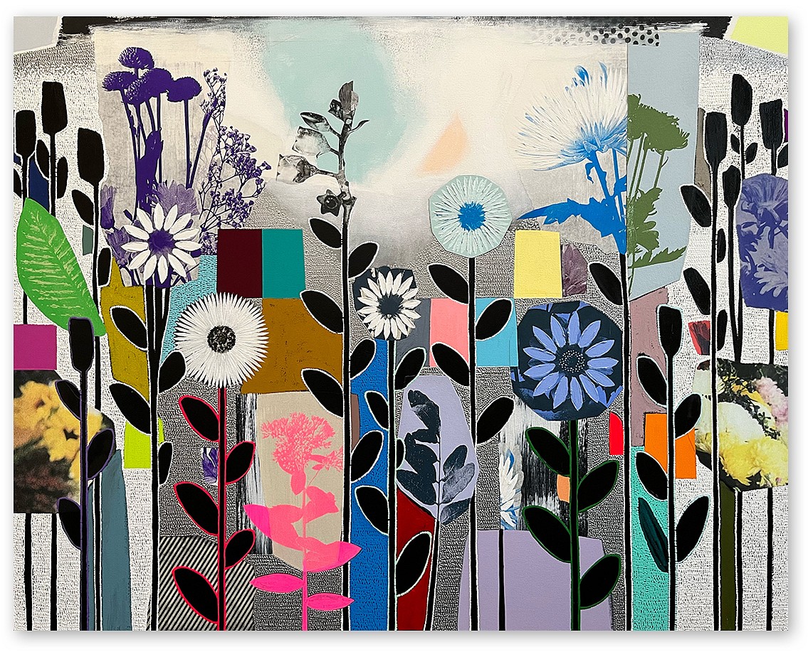 Emily Filler, Dreamscape (pink + blue flowers) Sold
Collage, acrylic & mixed media on canvas, 48 x 60 in.