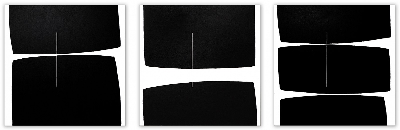 Tim Forbes, Trilogy 1-3 (triptych)
Acrylic on canvas, 40 x 120 in.
Greater the sum of the parts
.
As a single artist with a tinge of OCD I am married to patterns of certainty. Certain food, wine, shirts. Certain paint, canvas and formats.

A delivery of 40 inch square canvases created uncertainty stirring a deniable urge to immediately paint a circle as the metaphoric basis of life.

Rather, a synopsis of Pattern Recognition in three vertically oriented works came to the fore as a Trilogy.
A single static line of identical height and geometric position on each work creates an addendum to the rhythm of the patterns and their depth of field, completing negative space as the beat goes on.